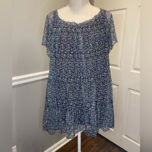Max Studio Long Tiered Top Short Sleeve Size 1X Black Floral New with Tag